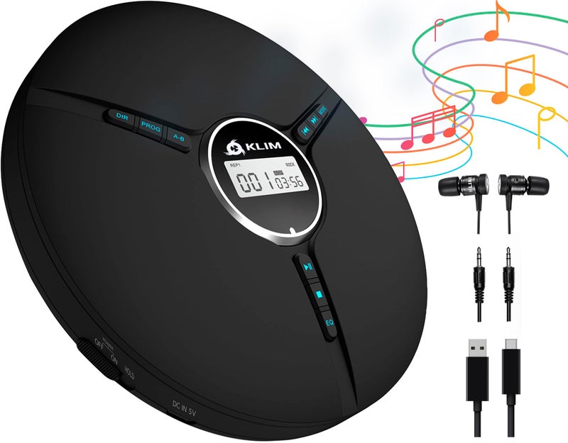 KLIM Discman Portable CD Player with Headphones, Built-in Battery - New Version - CD Players for Home, Car - Compatible w/SD Card, CD-R, CD-RW, MP3, WMA - 5 EQ Effects - Black - Image 1